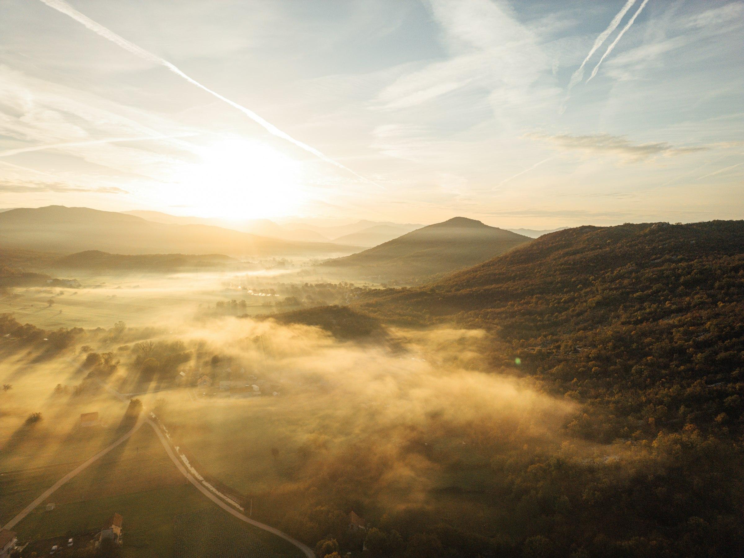Fog settling in a forested valley at golden hour